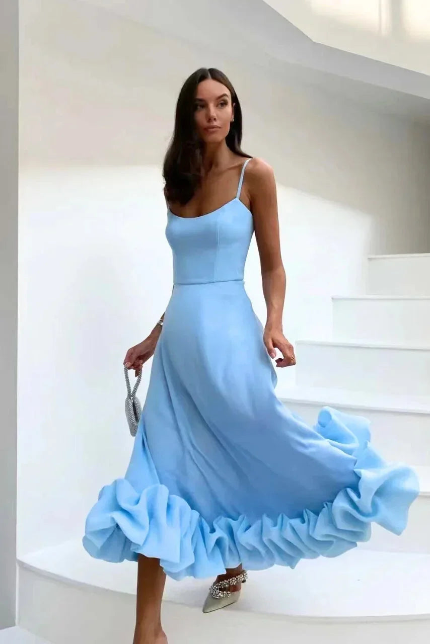 Abito midi donna con volant e spalline sottili