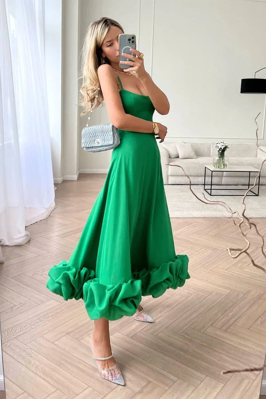 Abito midi donna con volant e spalline sottili