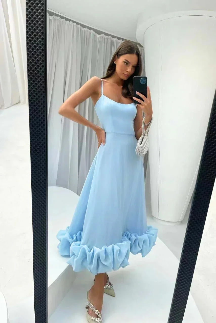 Abito midi donna con volant e spalline sottili