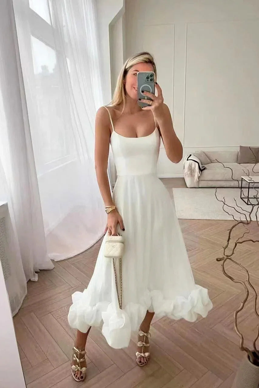 Abito midi donna con volant e spalline sottili