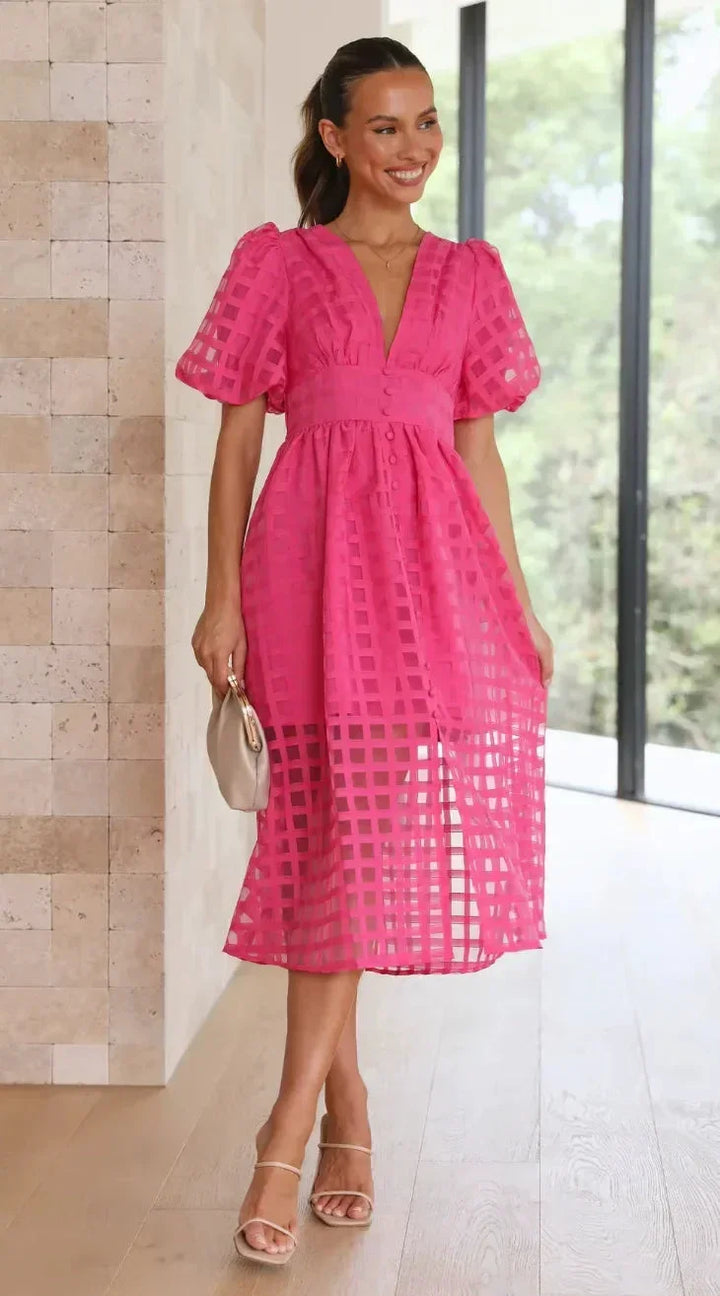 Abito midi donna traforato maniche corte scollo a V