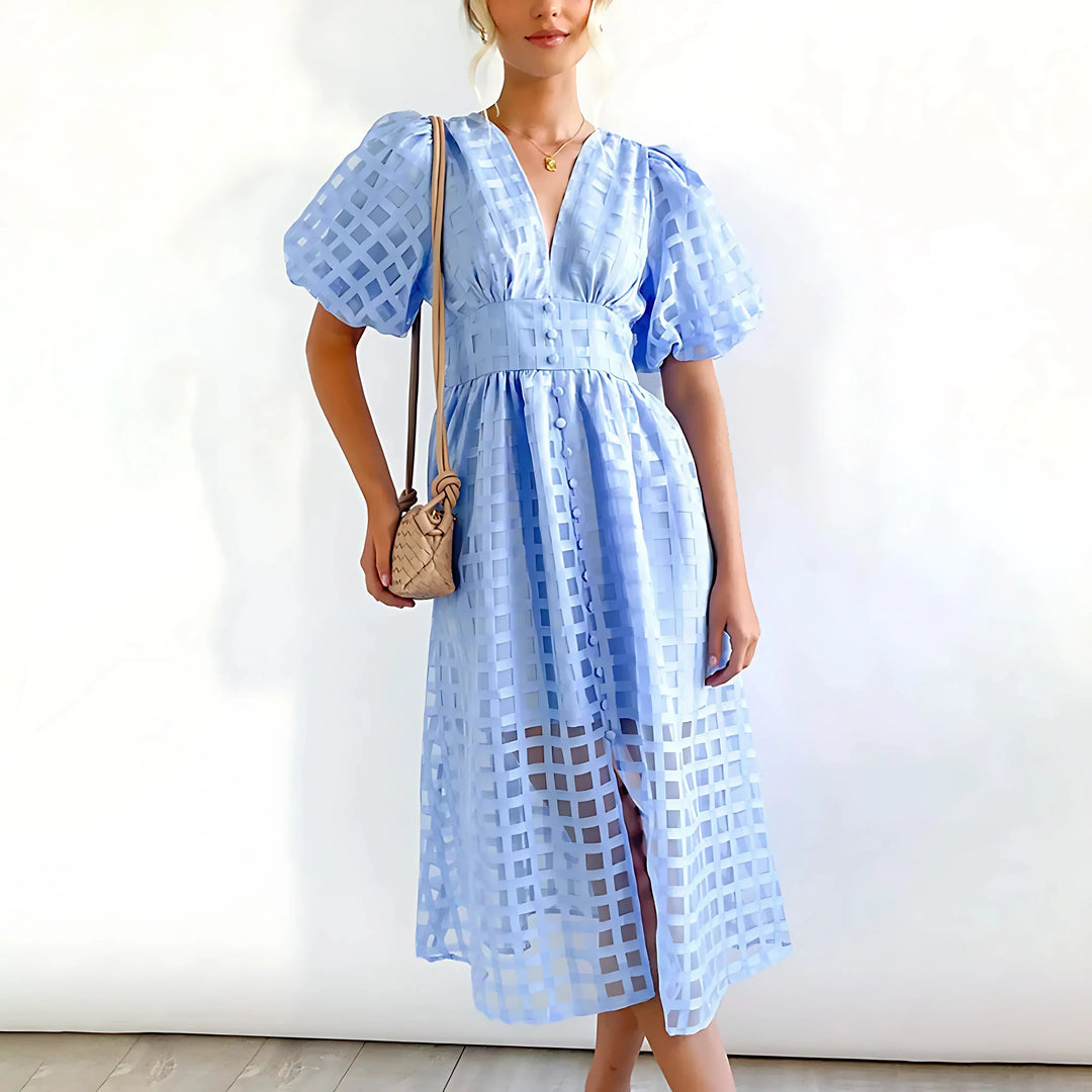 Abito midi donna traforato maniche corte scollo a V