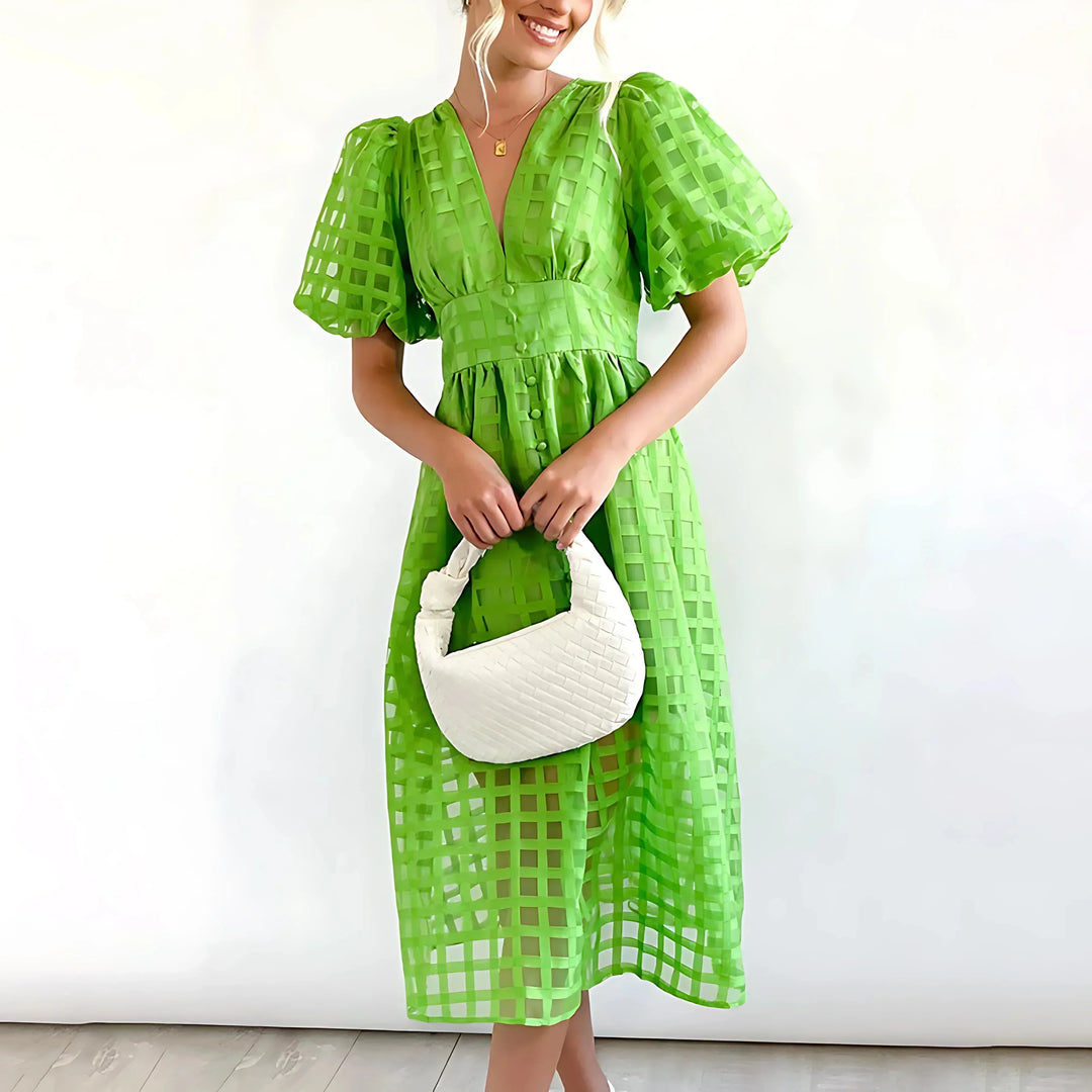Abito midi donna traforato maniche corte scollo a V