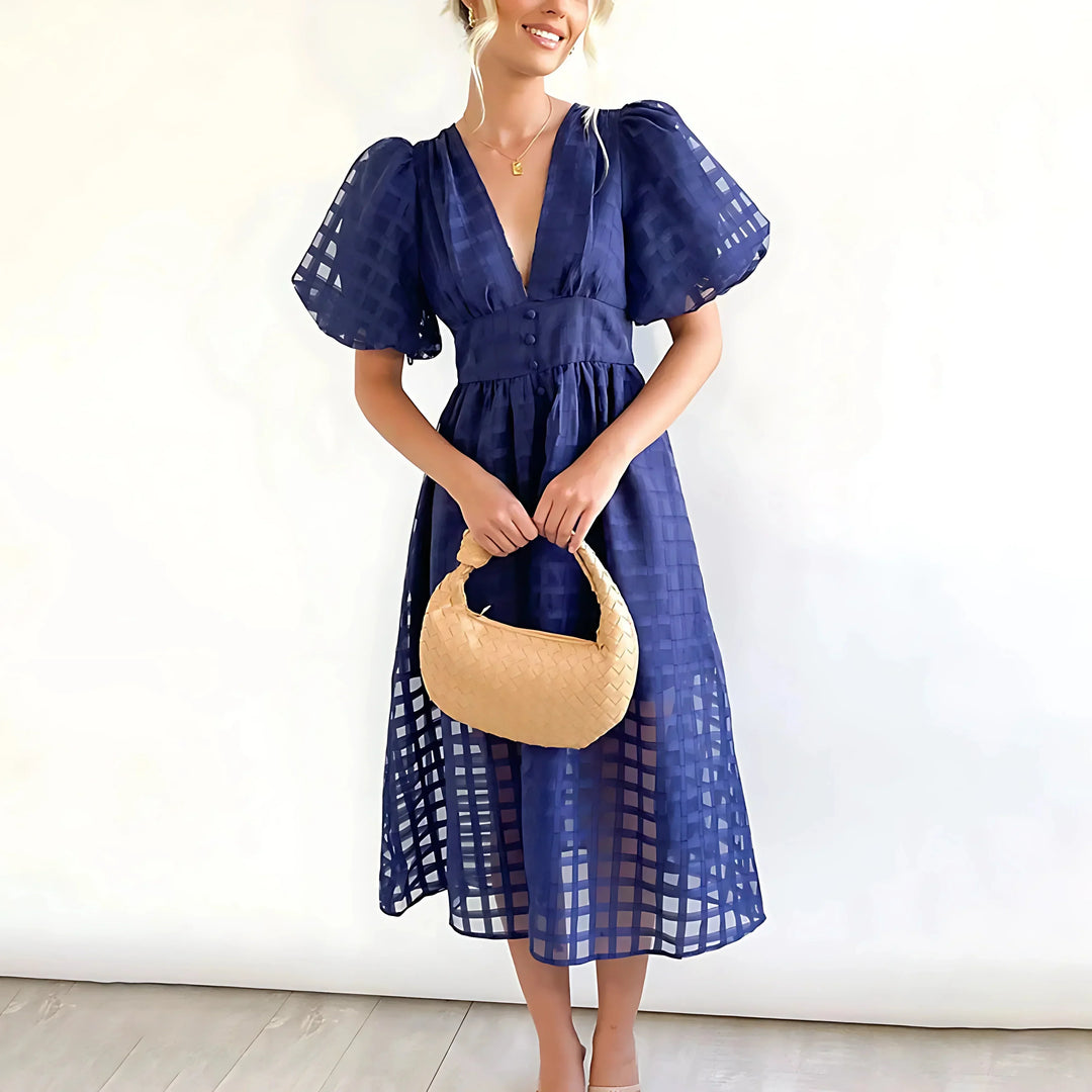 Abito midi donna traforato maniche corte scollo a V