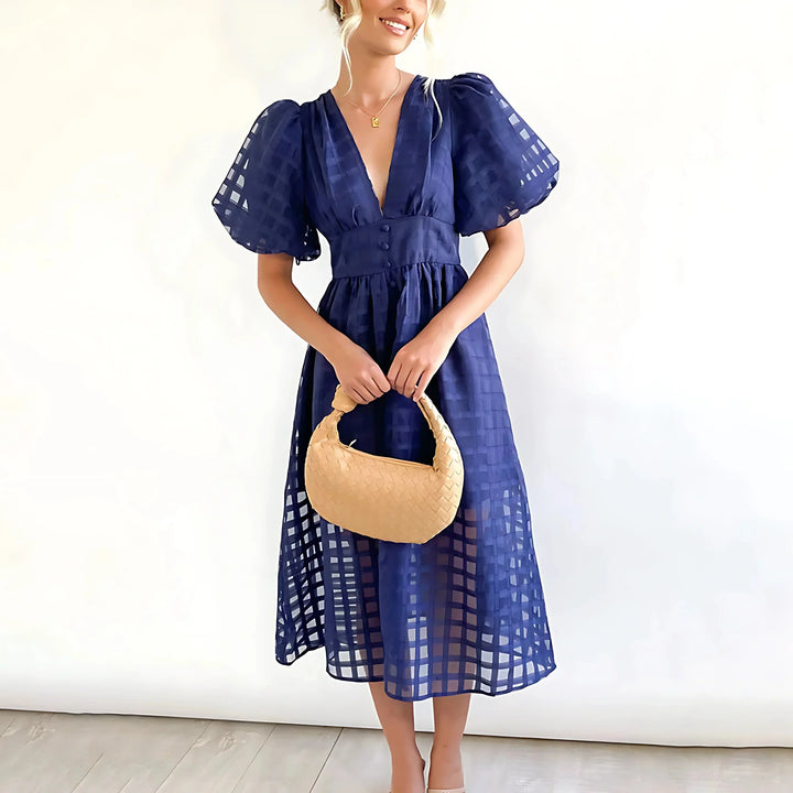 Abito midi donna traforato maniche corte scollo a V