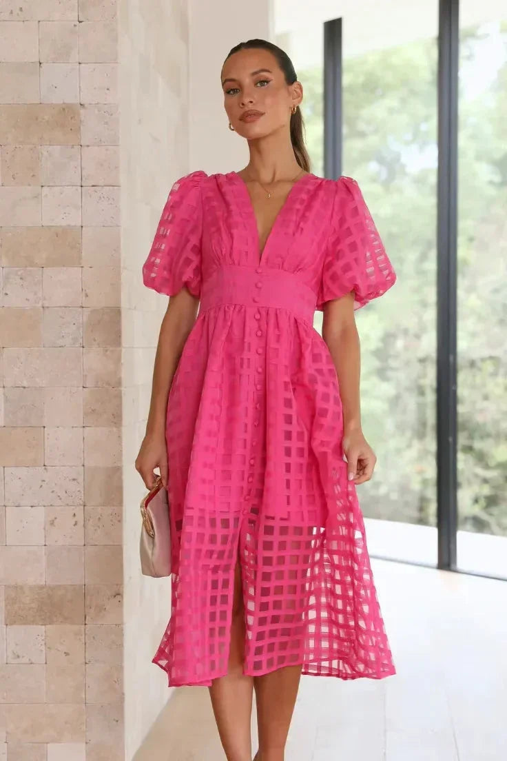 Abito midi donna traforato maniche corte scollo a V