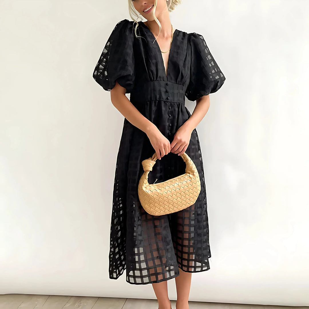 Abito midi donna traforato maniche corte scollo a V