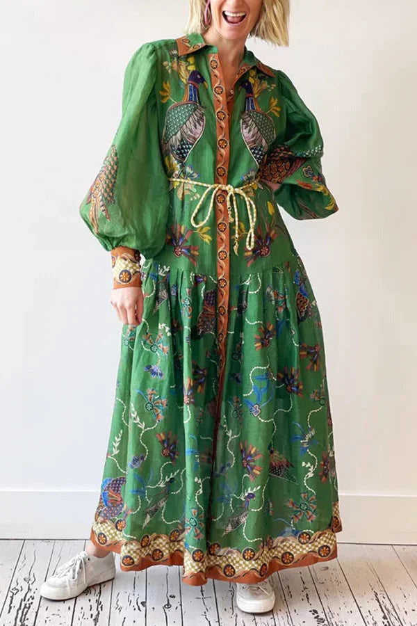Abito midi donna verde con stampa uccelli maniche lunghe