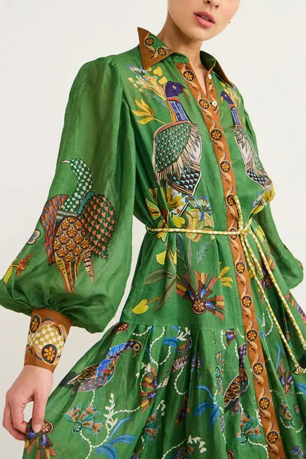 Abito midi donna verde con stampa uccelli maniche lunghe
