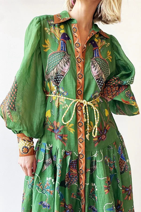 Abito midi donna verde con stampa uccelli maniche lunghe
