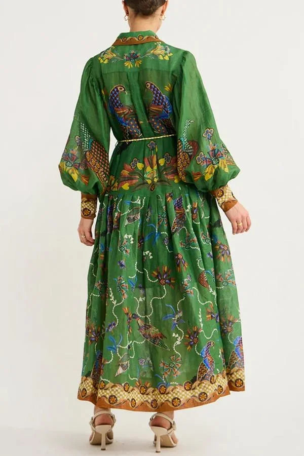 Abito midi donna verde con stampa uccelli maniche lunghe