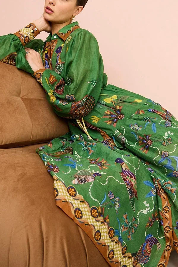 Abito midi donna verde con stampa uccelli maniche lunghe