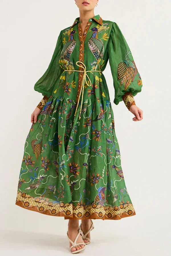 Abito midi donna verde con stampa uccelli maniche lunghe