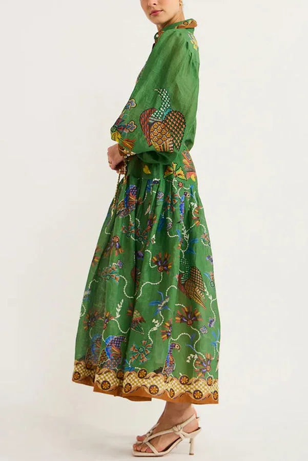 Abito midi donna verde con stampa uccelli maniche lunghe