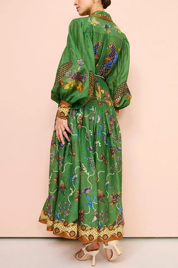Abito midi donna verde con stampa uccelli maniche lunghe