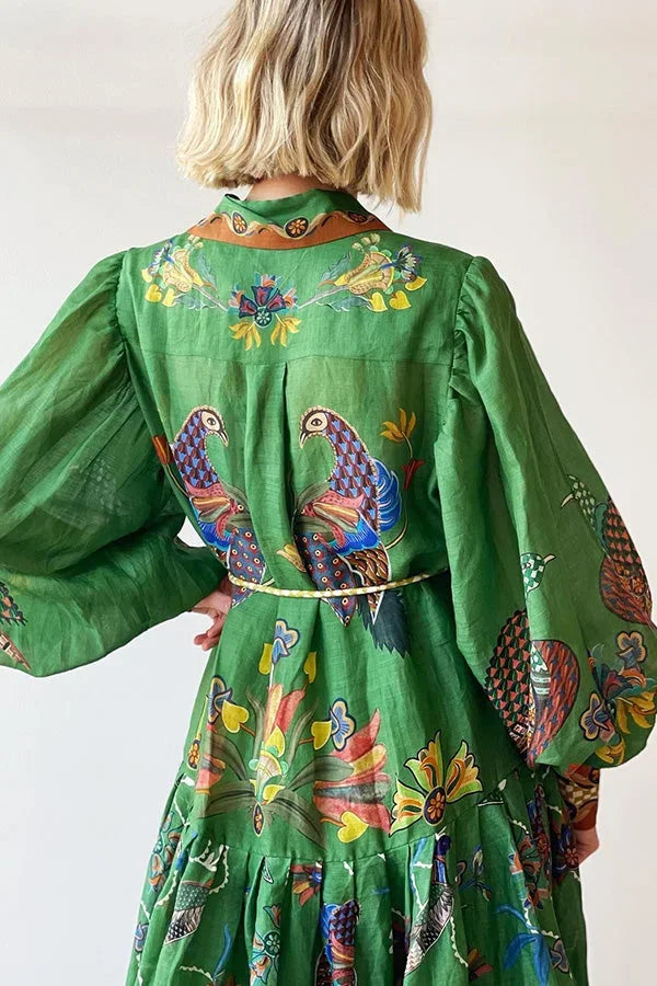 Abito midi donna verde con stampa uccelli maniche lunghe