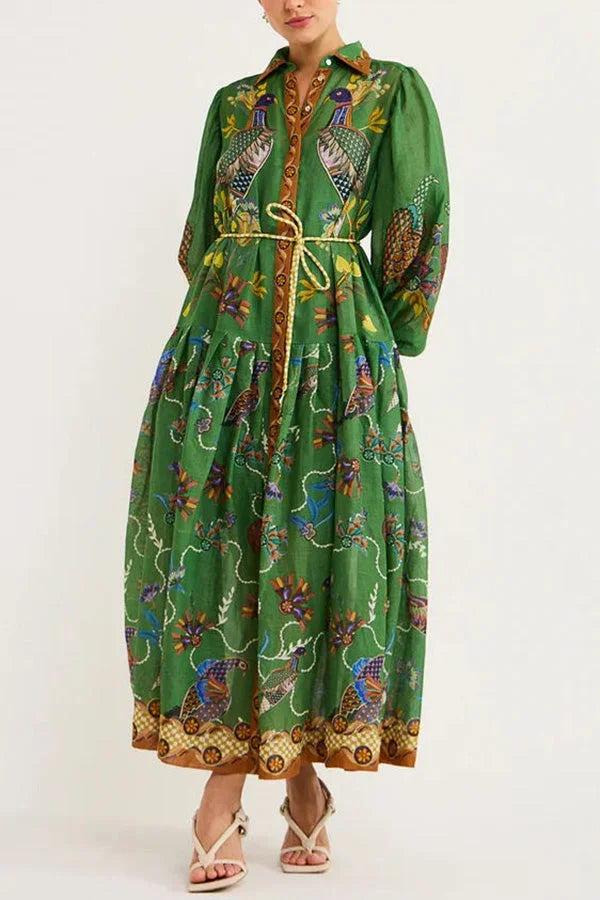 Abito midi donna verde con stampa uccelli maniche lunghe