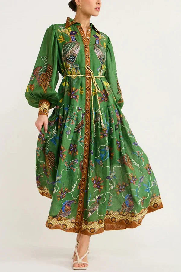 Abito midi donna verde con stampa uccelli maniche lunghe