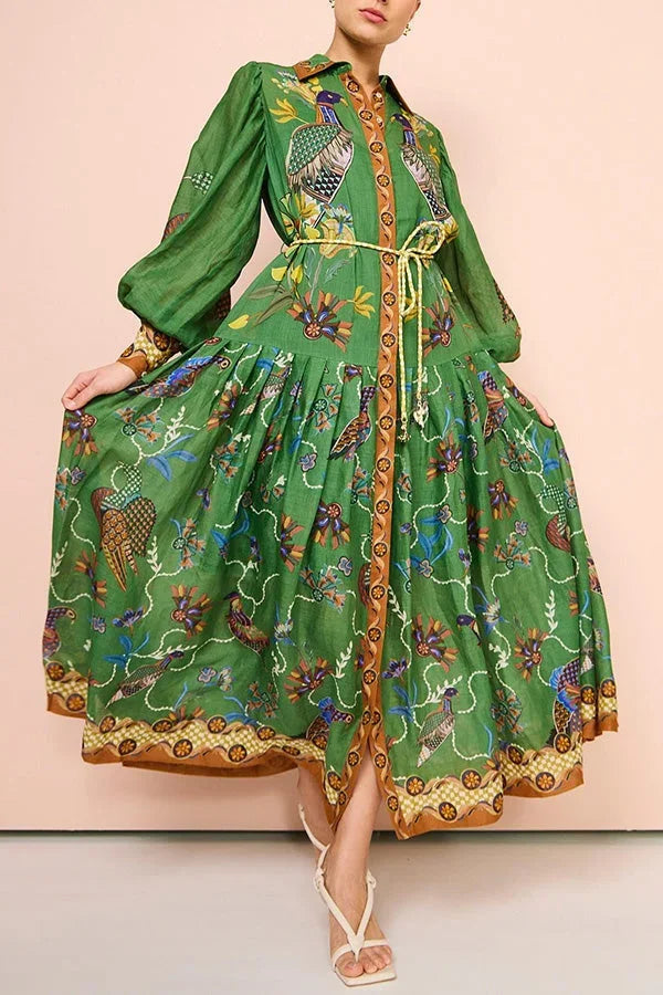 Abito midi donna verde con stampa uccelli maniche lunghe