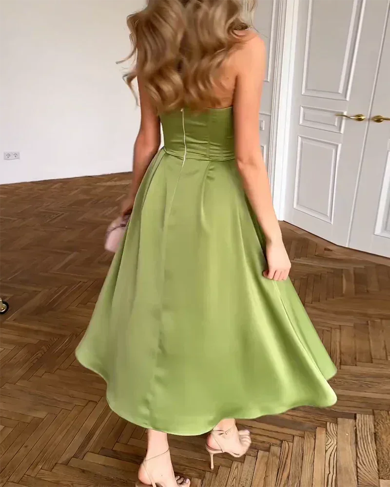 Abito midi donna olive senza spalline per la sera