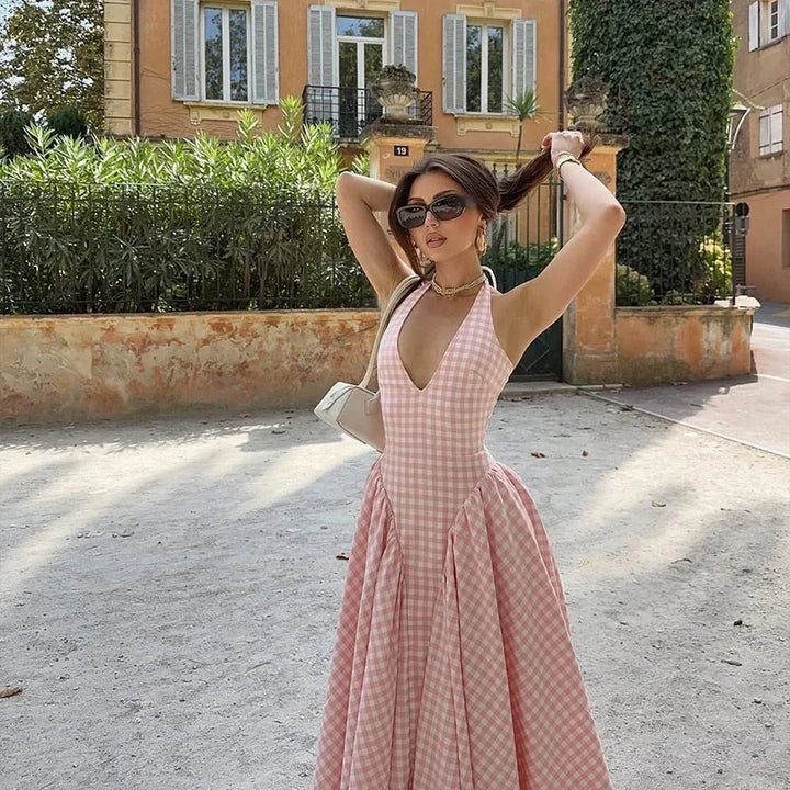 Abito midi donna vichy rosa scollo a V estivo