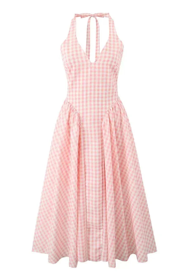Abito midi donna vichy rosa scollo a V estivo