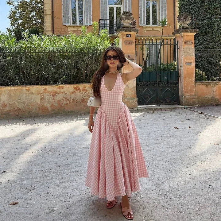 Abito midi donna vichy rosa scollo a V estivo
