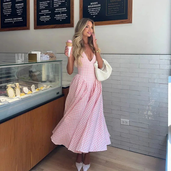 Abito midi donna vichy rosa scollo a V estivo