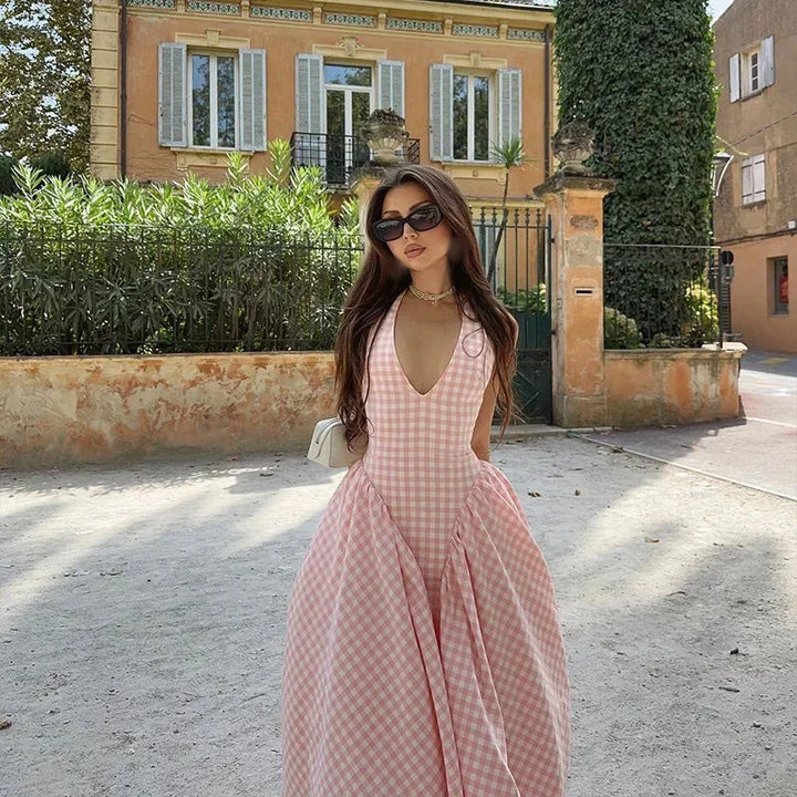 Abito midi donna vichy rosa scollo a V estivo