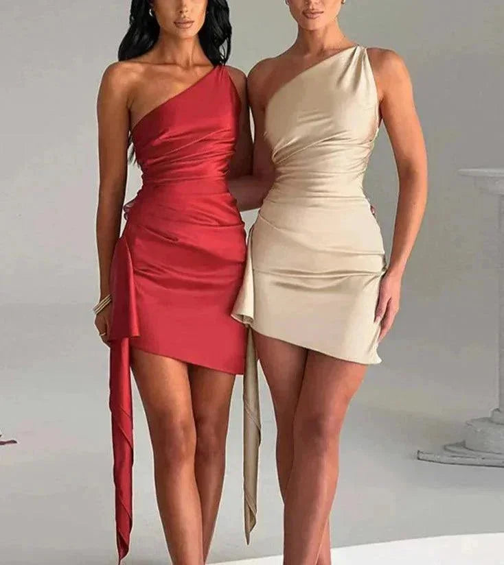 Vestito corto donna asimmetrico drappeggiato a una Spalla da sera