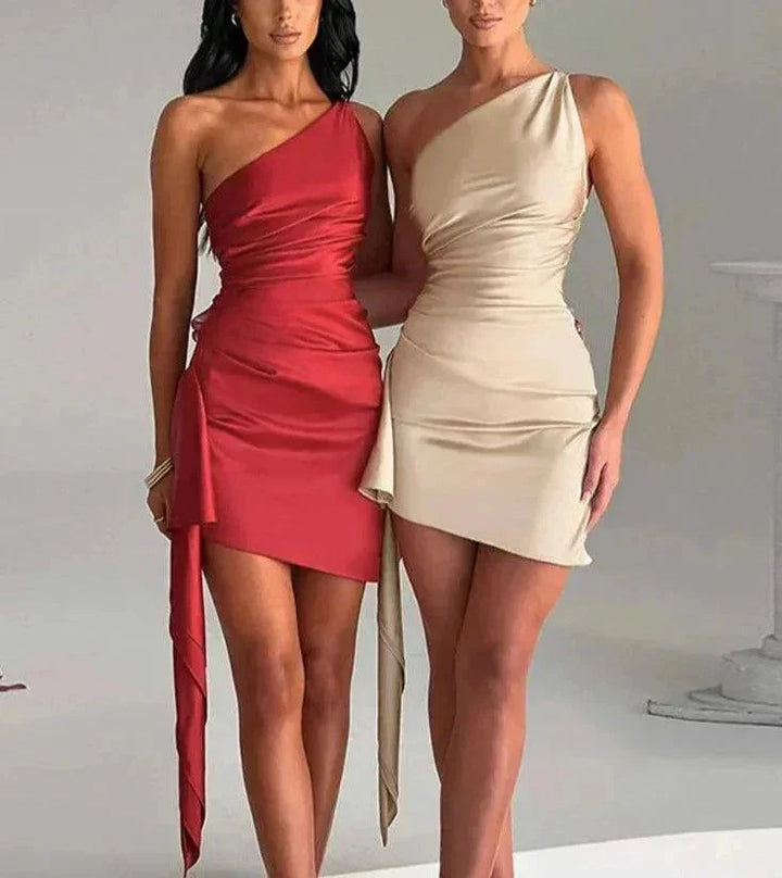 Vestito corto donna asimmetrico drappeggiato a una Spalla da sera