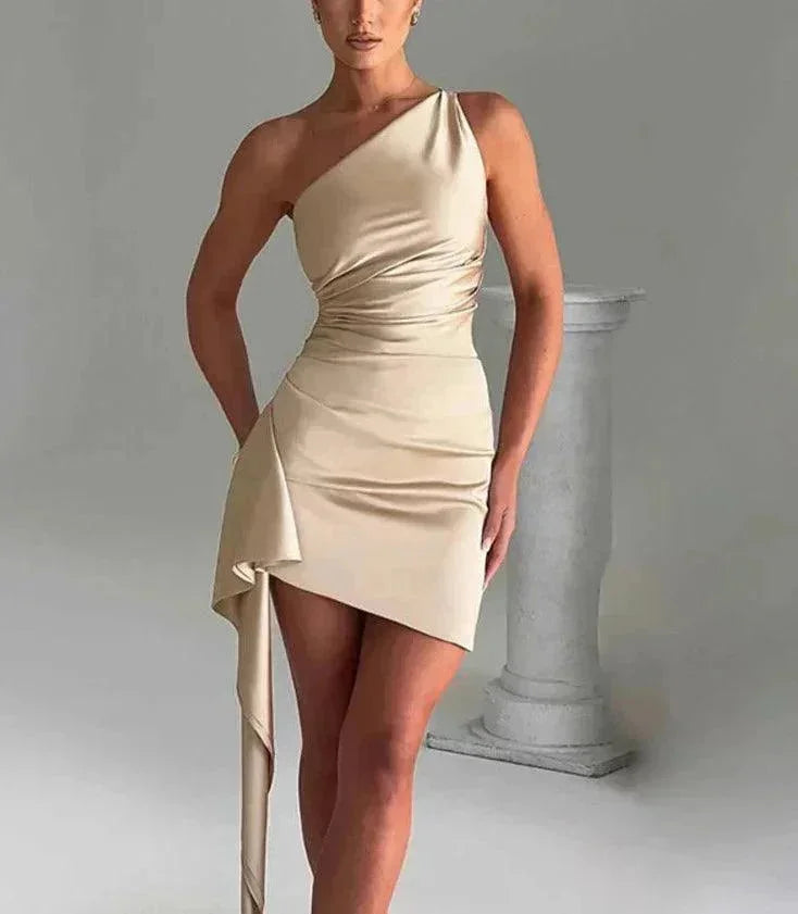 Vestito corto donna asimmetrico drappeggiato a una Spalla da sera