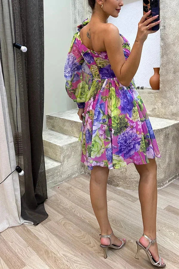 Vestito corto donna asimmetrico floreale per serata primaverile