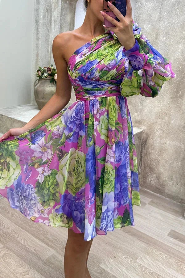 Vestito corto donna asimmetrico floreale per serata primaverile