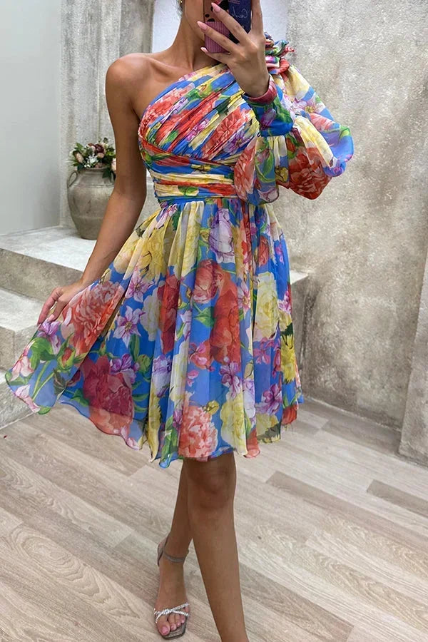 Vestito corto donna asimmetrico floreale per serata primaverile