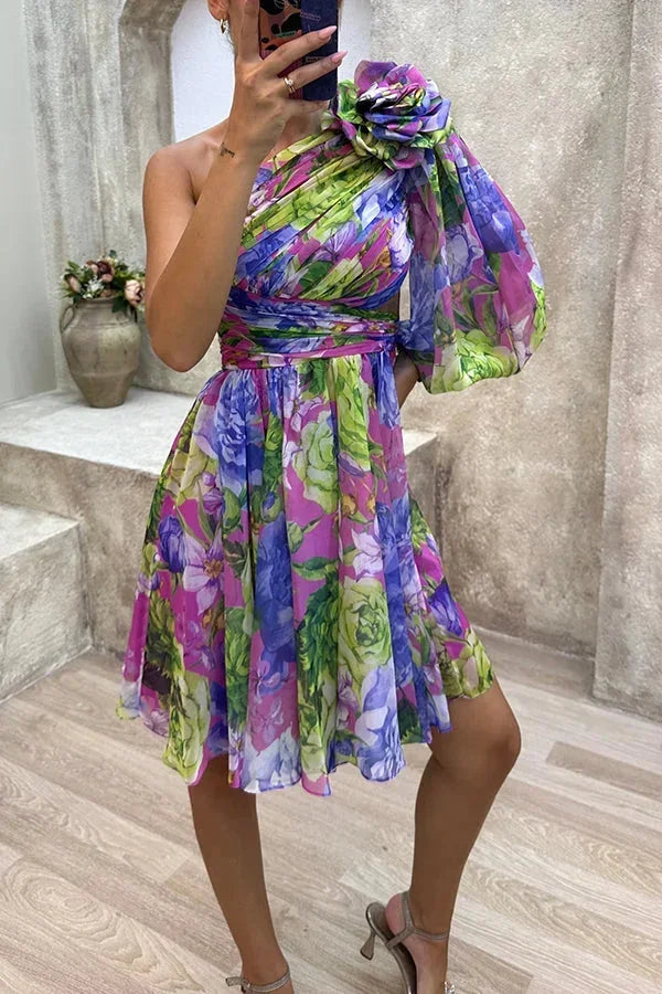 Vestito corto donna asimmetrico floreale per serata primaverile