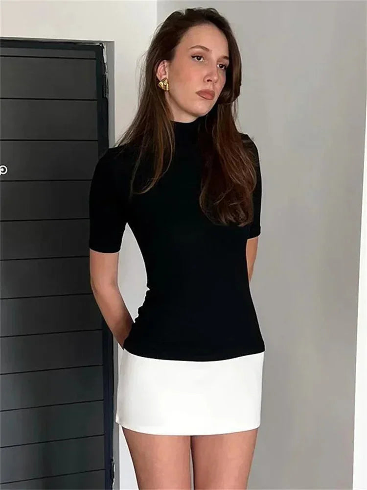 Vestito corto donna bicolore collo alto maniche corte