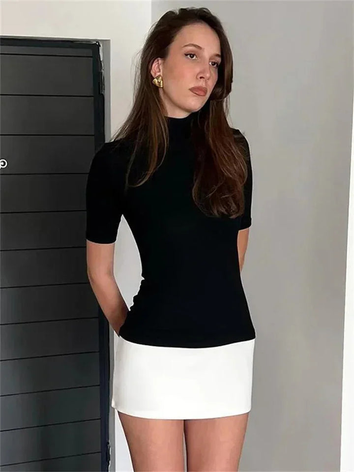 Vestito corto donna bicolore collo alto maniche corte