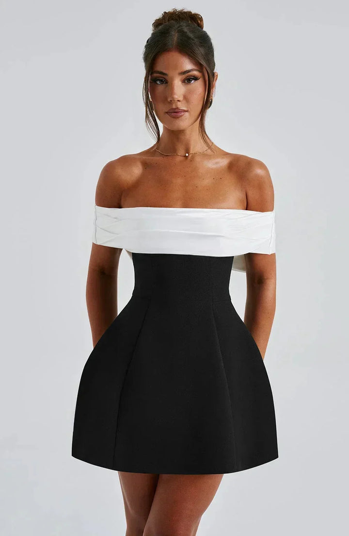 Vestito corto da donna bicolore con Spalle scoperte e fiocco