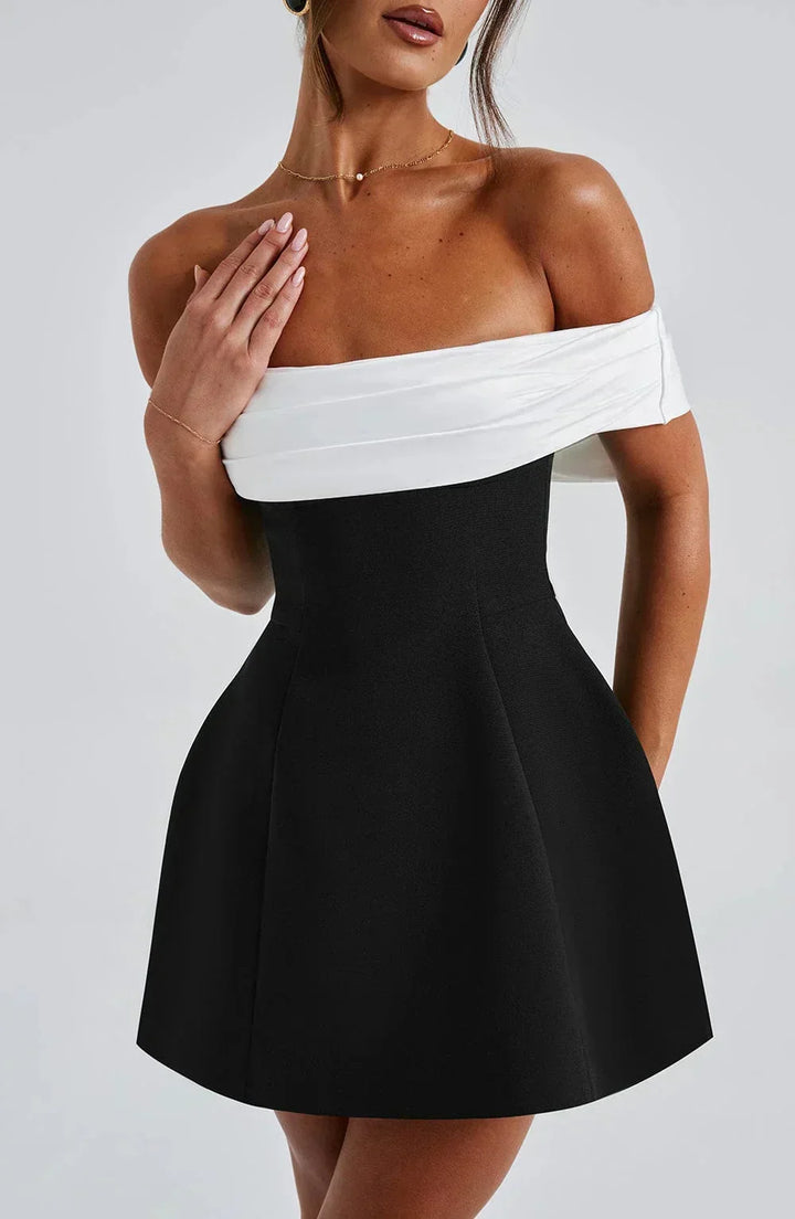 Vestito corto da donna bicolore con Spalle scoperte e fiocco