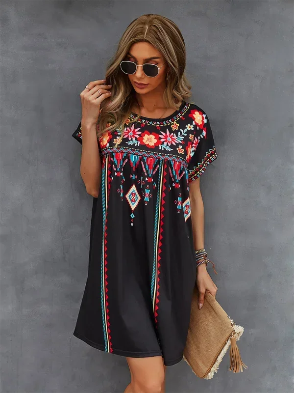 Vestito corto bohémien donna ricamato maniche corte estivo
