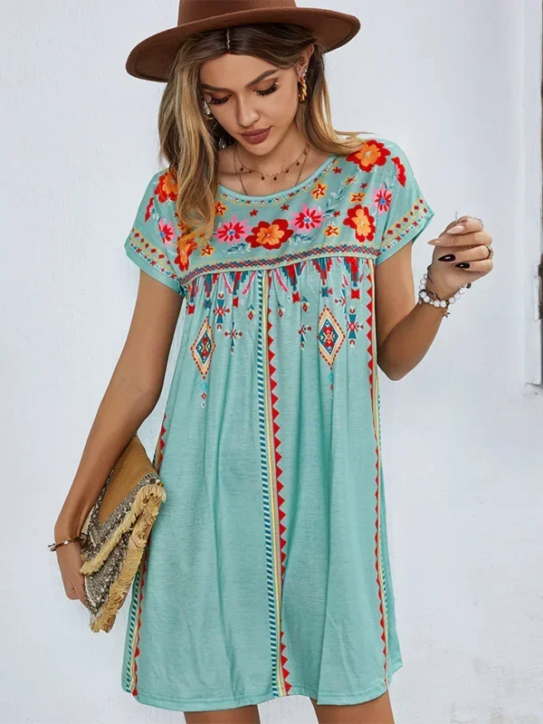 Vestito corto bohémien donna ricamato maniche corte estivo