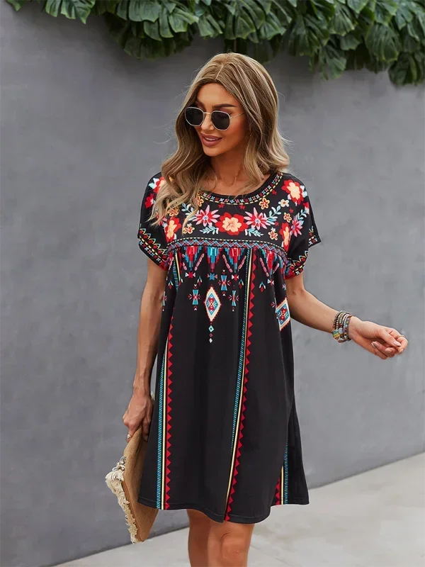 Vestito corto bohémien donna ricamato maniche corte estivo