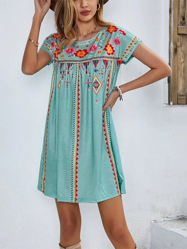Vestito corto bohémien donna ricamato maniche corte estivo