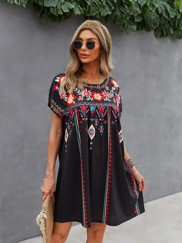 Vestito corto bohémien donna ricamato maniche corte estivo