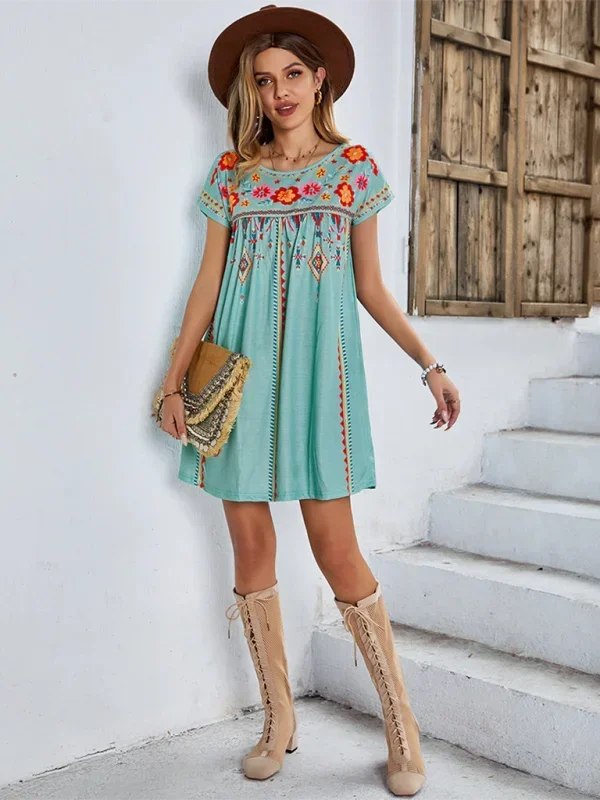 Vestito corto bohémien donna ricamato maniche corte estivo