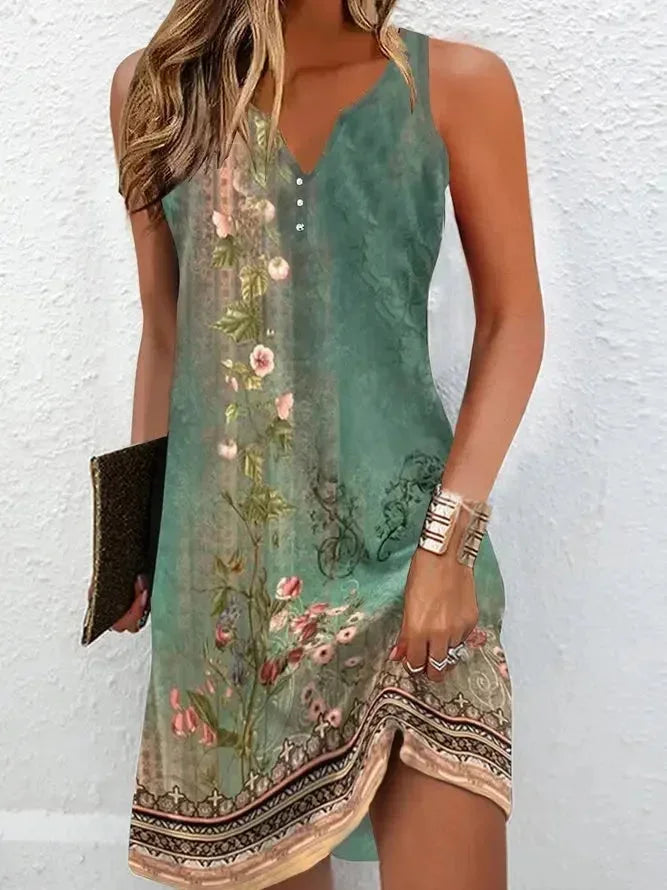 Vestito corto donna bohémien a fiori con scollo a V per l’estate