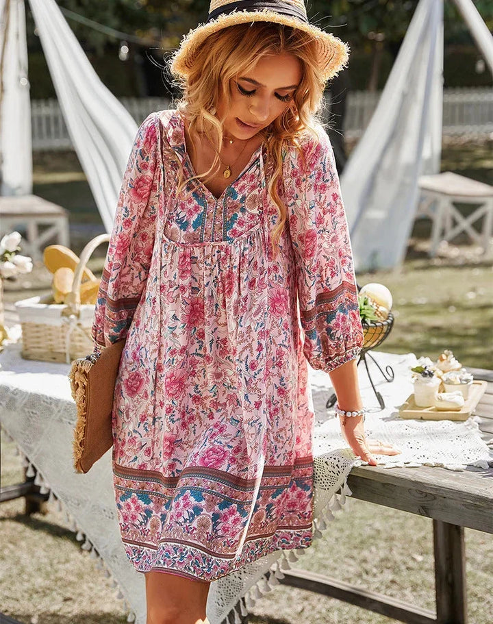 Vestito corto donna bohémien con stampa floreale e maniche lunghe