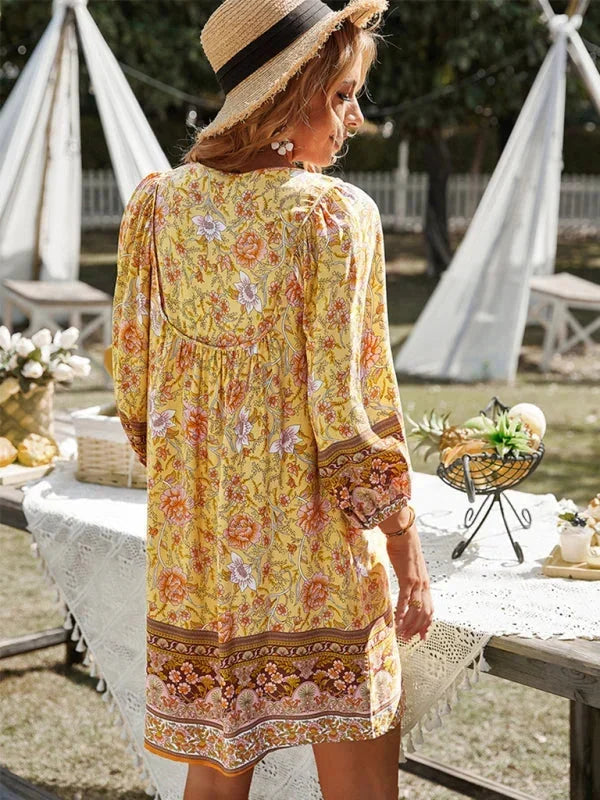 Vestito corto bohémien donna stampato floreale scollo a V maniche 3/4