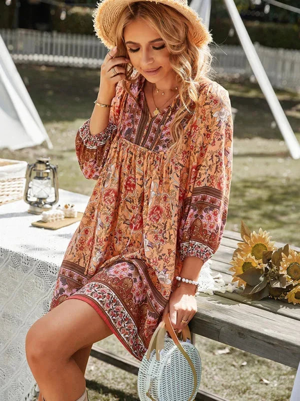 Vestito corto bohémien donna stampato floreale scollo a V maniche 3/4